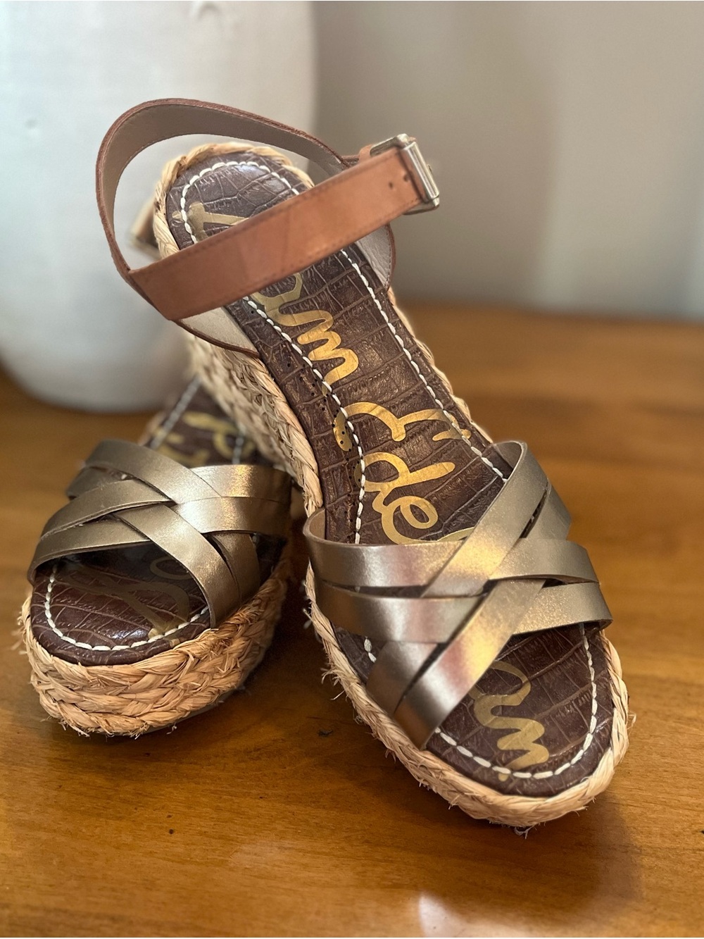 Sam Edelman Darline Gold / Buff Leather Espadrille Wedge Sandals